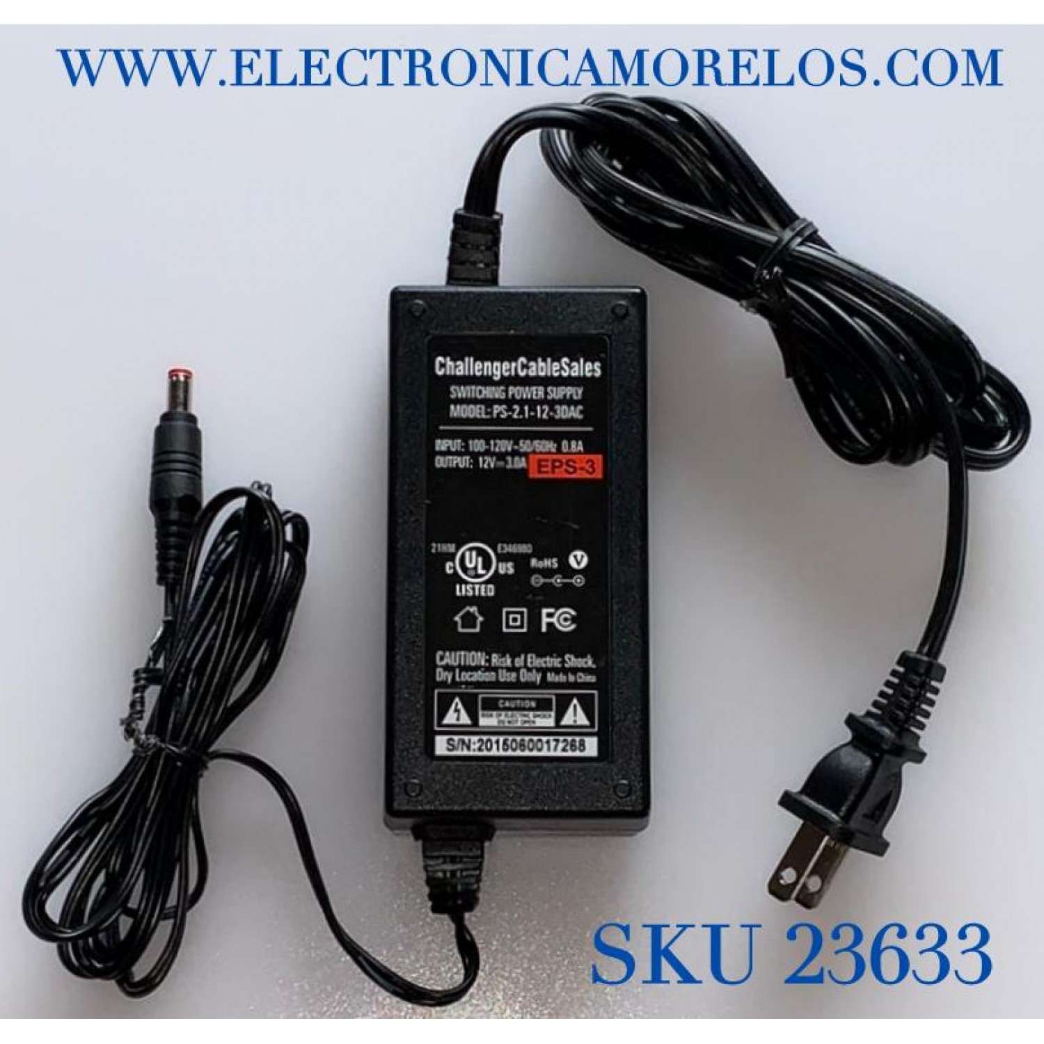 ADAPTADOR CHALLENGER  VCA EPS-3 / NUMERO DE PARTE EPS-3 / MODELO PS-2.1-12-3DAC / ENTRADA VCA 100-120V～50-60Hz .8A / SALIDA VCD 12V-3A